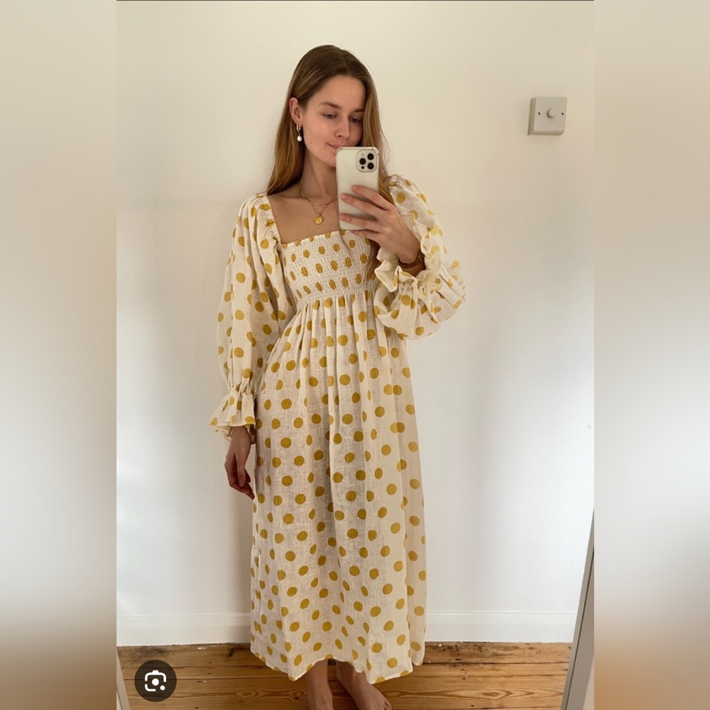Sleeper 100% linen atlanta midi dress, golden yellow polka dots, medium